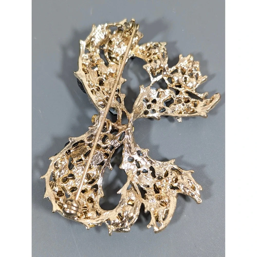 Large Gold Tone‎ Black Gray Rhinestone Bow Brooch Statement Ribbon Pin